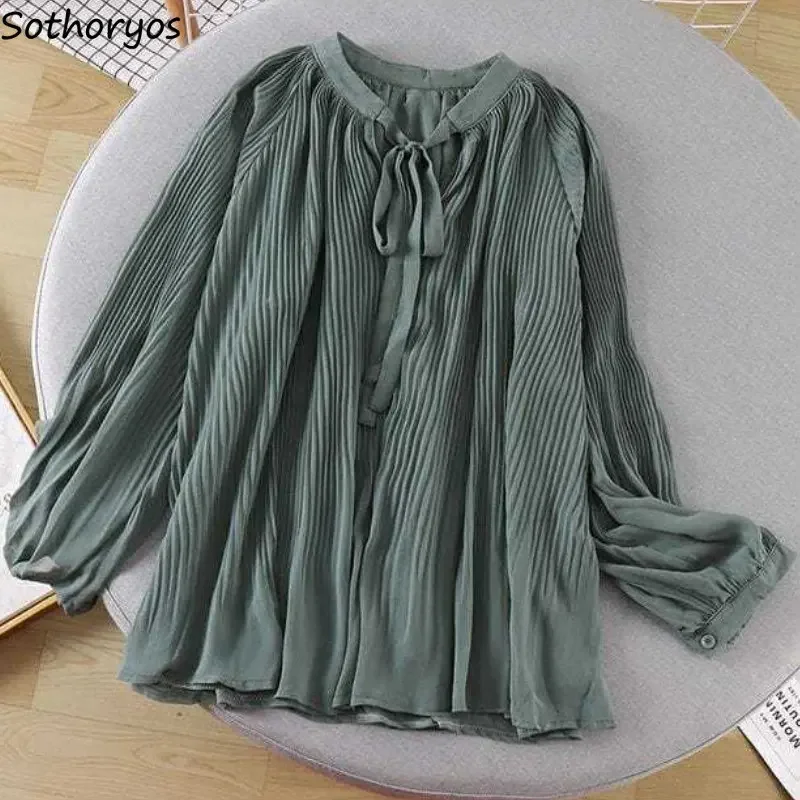 

Folds Blouses Women 5 Colors Casual Design Loose All-match Sweet Temperament Stylish Spring Minimalist Korean Style Female Pure