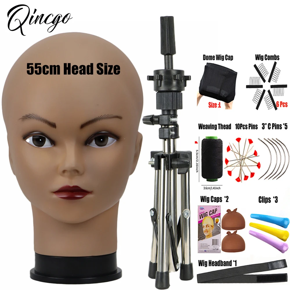 African Manikin Head With Stand Bald Mannequin Training Head With Stand Tripod  Adjustable Wig Tripod Get T Pins Wig Install Kit