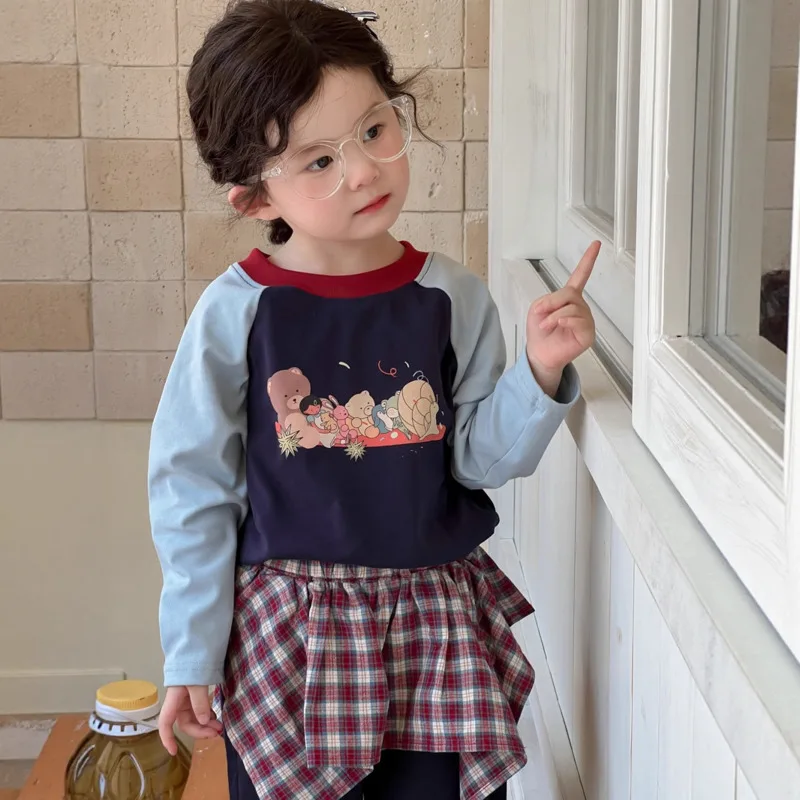 Осень-зима 2025 г., детская базовая рубашка с длинными рукавами и рисунком медведя, модные топы для мальчиков и девочек, пуловер, свитшот от 3 до 12 лет