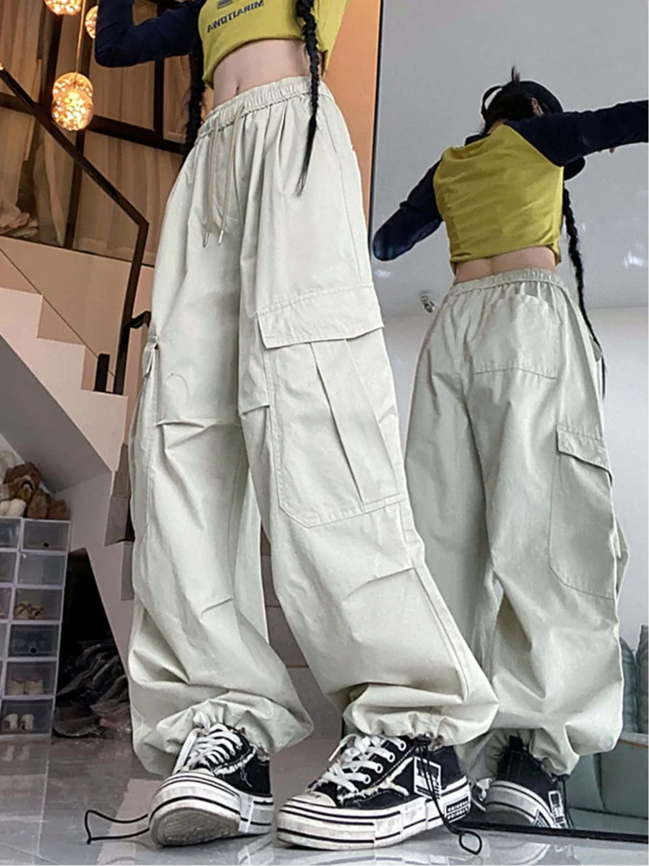 Pantalon de travail militaire rétro américain, décontracté, style streetwear, fonctionnel, ample, large, à jambes larges, avec cordon de serrage, pantalon long