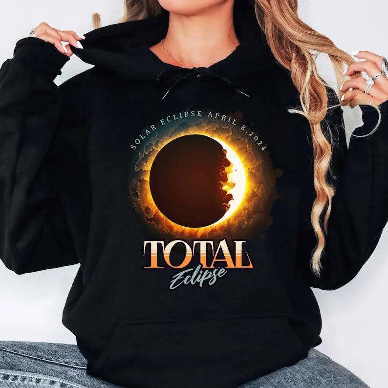 Total Solar Eclipse 2024 Hoodie, April 8, 2024, Moon Astronomy Gift, Solar Ring, Celestial Sun Moon, Lunar Eclipse