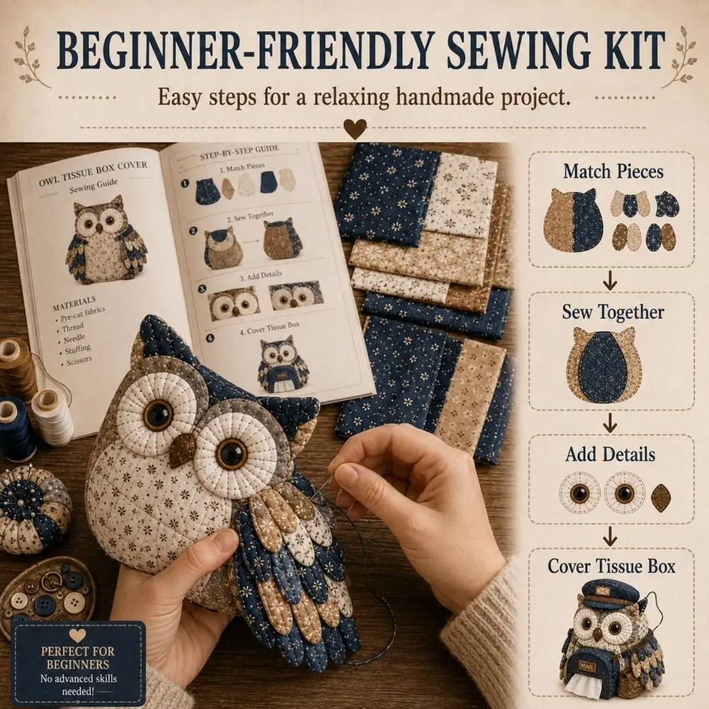 Fashion Owl Shape Quilted Tissue Box Patchwork Quilted DIY Sewing Kit Fabric Handmade Style Patchwork Animal Kit Home Decor