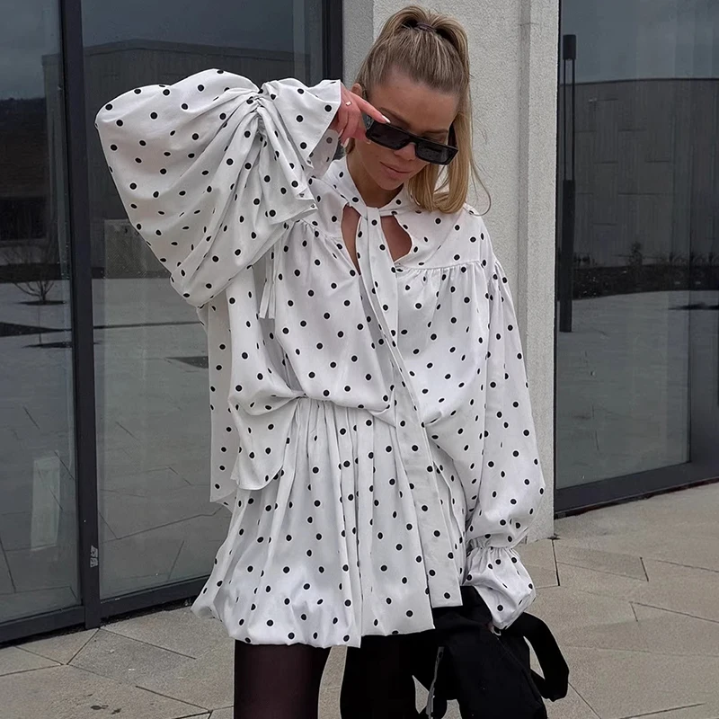 

Typhaland 2026 Summer New Skirt 2 Piece Sets Female Lace Up Flare Long Sleeve Polka Dot Mini Pleated Skirt Casual Suit Women