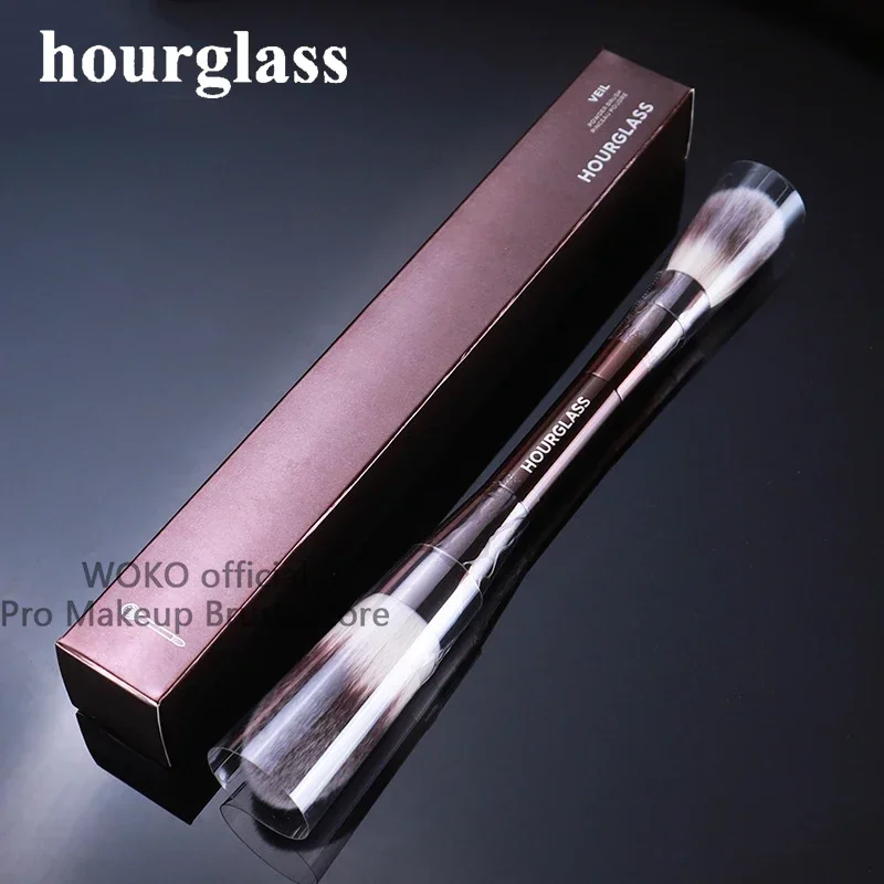 Hourglass Powder Brush Synthetic Hair Double Headed Setting Powder Brush Brown Metal Handle Contour Sculpting Makeup Brush