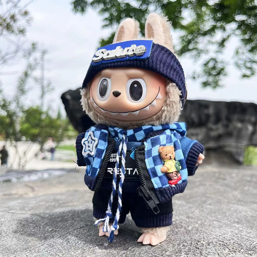 for Labubu 17cm Doll Clothes Mini Plush Dolls Outfit Clothes Headband Hoodie Coat Trousers for Korea Kpop Exo Labubu Dolls Cloth