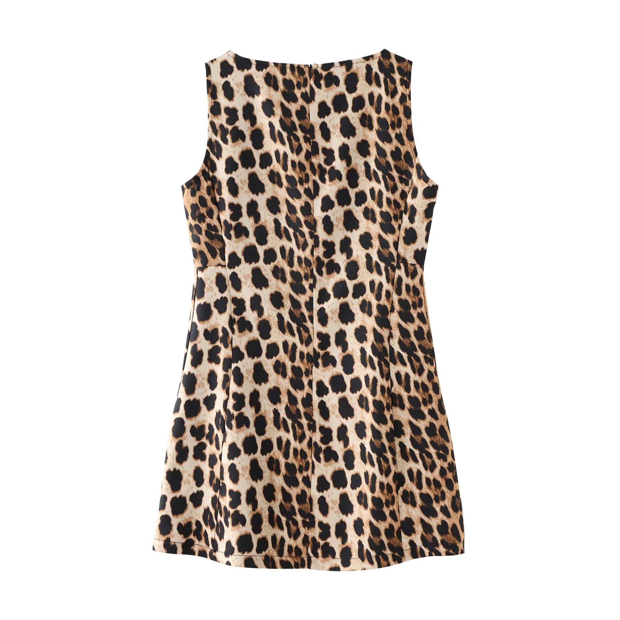 TRAF-Mini vestido de leopardo feminino estampado com zíper traseiro, vintage, o-pescoço, sem mangas, vestidos chiques, moda feminina, 2024