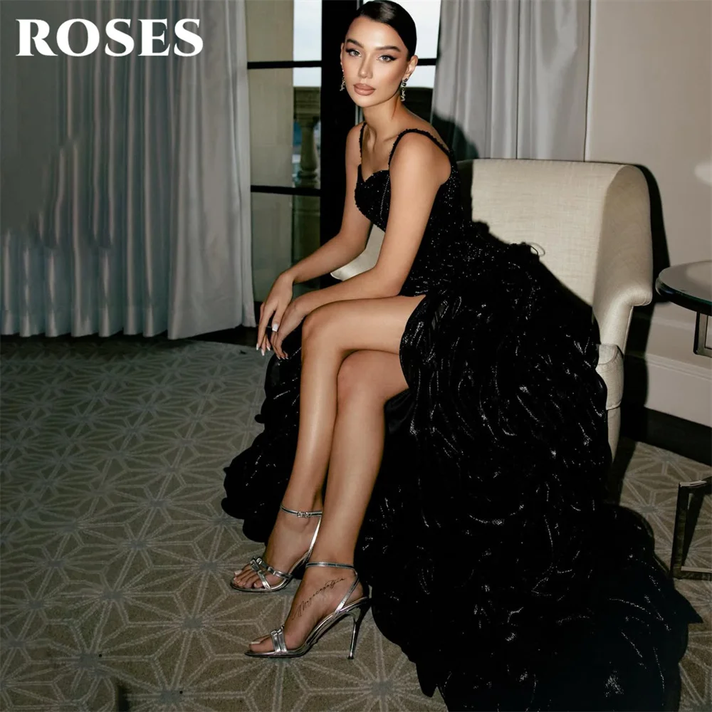 

ROSES Black A Line Evening Gown Sequin Corset Prom Dress Ruffled Organza Wedding Dress Sexy High Slit robes de soirée Customized