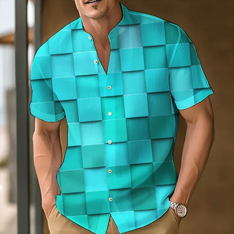 Camisa con estampado 3D a cuadros para hombre, camisa con botones y cuello levantado, ropa de manga corta de gran tamaño, diseñador de moda, comodidad informal