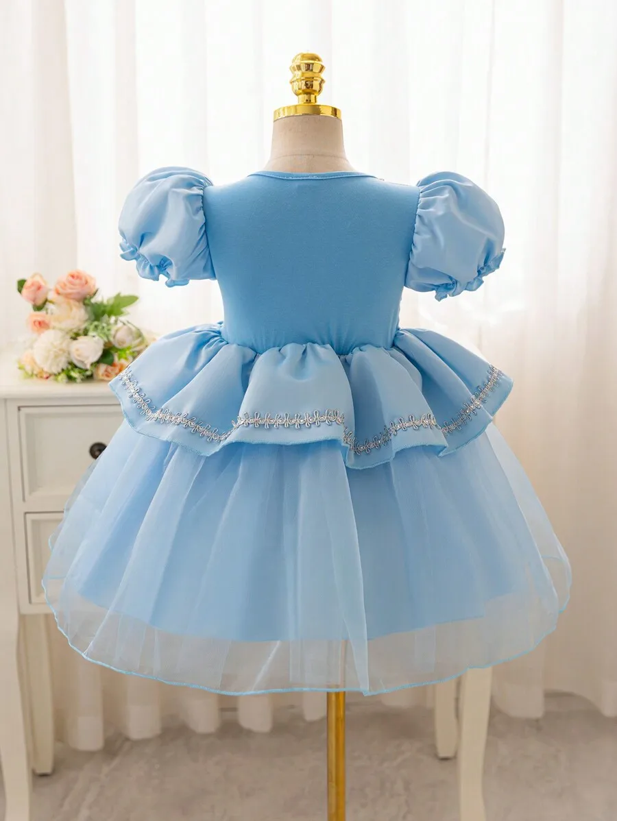 

Blue Ball Gown Dress With Puff Sleeves And Ruffles For Formal Evening