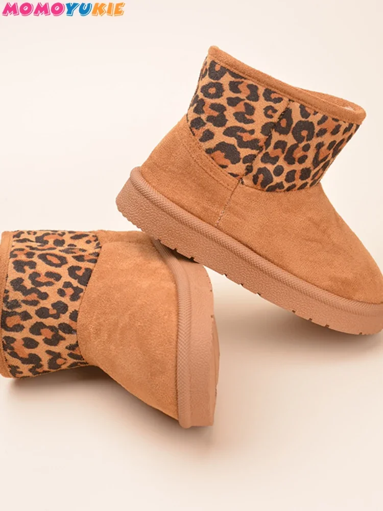 Botas de felpa para niño y niña, zapatos cálidos de piel de leopardo para la nieve, a la moda, novedad de invierno