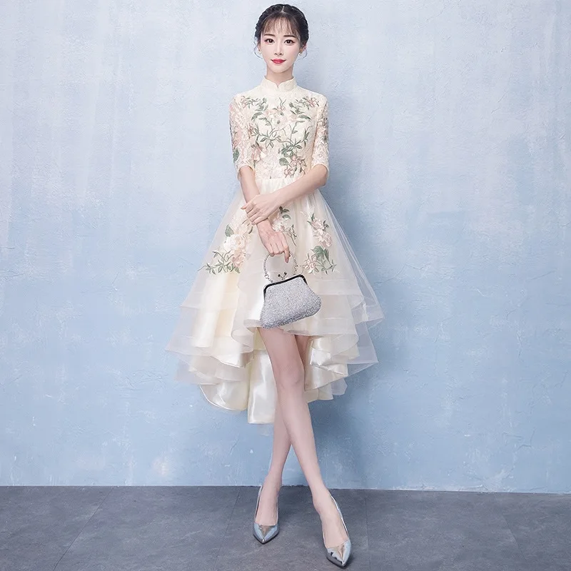 

Elegant Short Front Long Back Dress Maidsmaid Uniform Fashionable Ball Gown Ladylike Style Chinese Wedding Dress