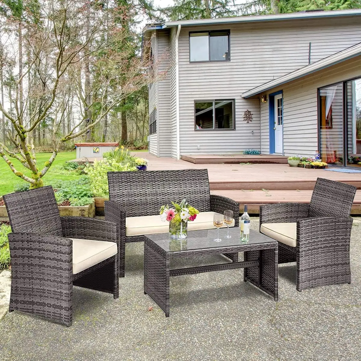 4 pc Rattan Terrassen möbel Garten Rasen Sofa gepolstert Sitz Mix grau Korb weide Gesprächs sets, 1, grau