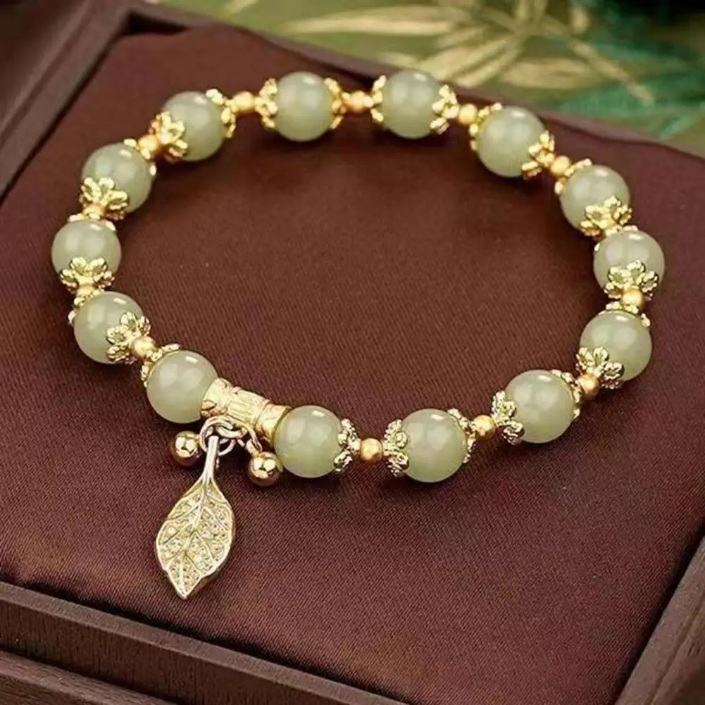 Luxury Women Bracelet Rhinestone Leaf Pendant Double-layered Good Luck Adjustable Faux Jade Contrast Color Bracelet