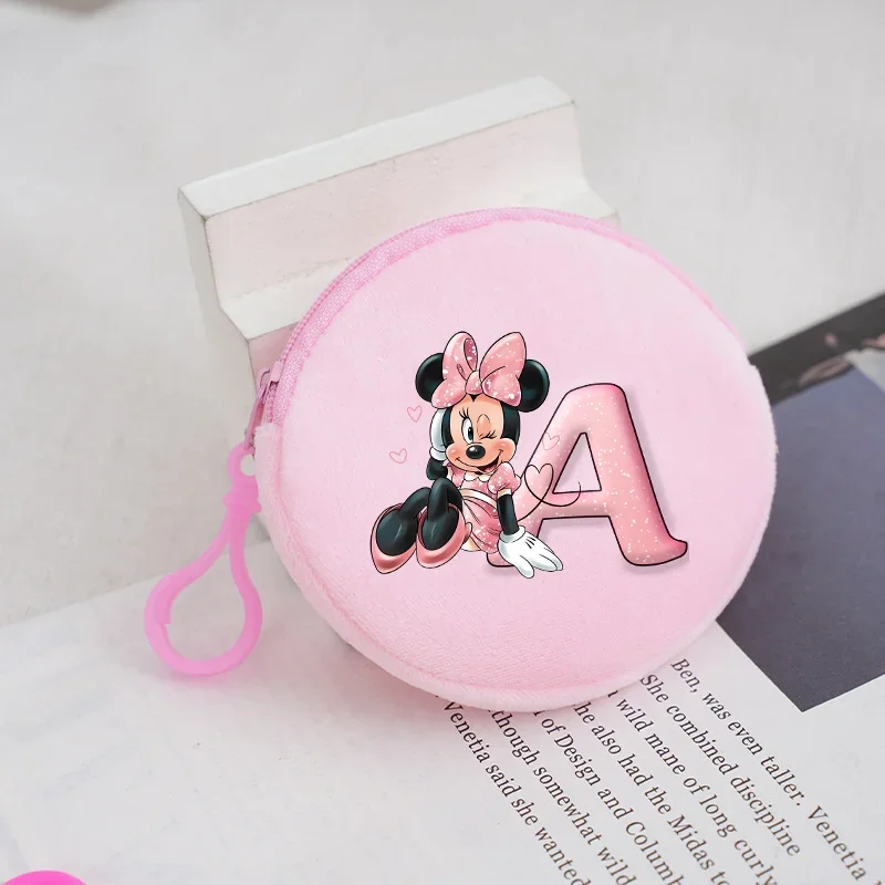 Minnie Disney Plush Round Coin Purse Cartoon Figure Printed Bag Girls Mini Pink Cute Storage Bag Headphone Pouch Child Pendants