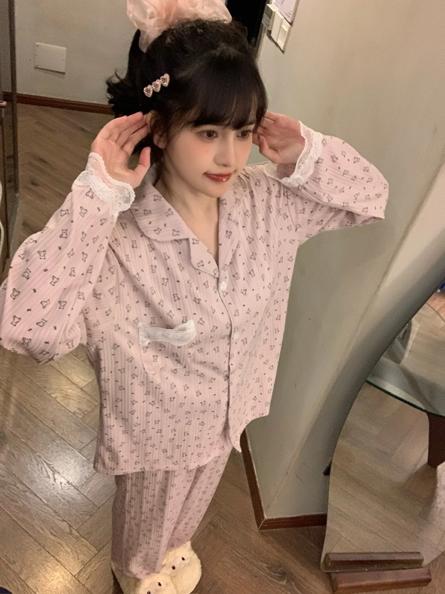 

Cartoon Bear Pure Cotton Spwear Women's Long Sve Lace Trim Knot Spring New Sle Sweet Home Clothes Set