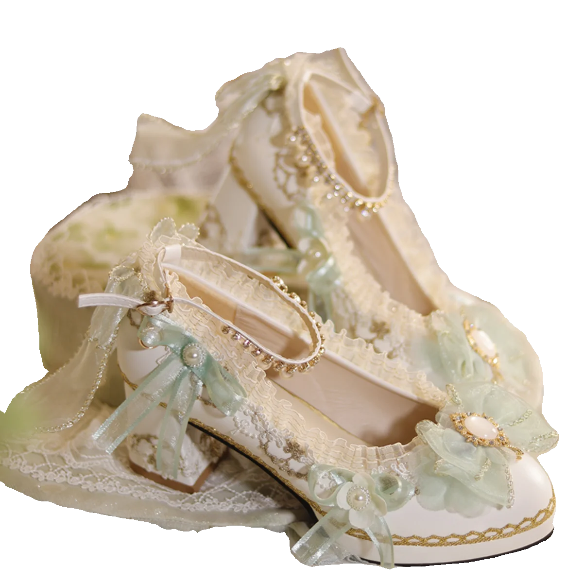 Scarpe da ragazza Lolita Vintage francesi elegante Tea Party Palaca Ribbon Bowknot perle gemme sandali a punta in pizzo 5-6cm con tacco alto