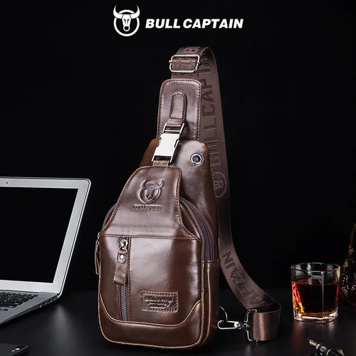 BULLCAPTAIN Mochila de hombro tipo bandolera de cuero genuino para hombre, bolsos cruzados para el pecho, mochila de viaje para senderismo con orificio para auriculares