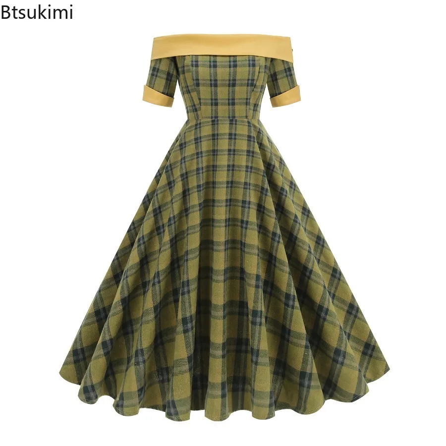2025年新作 ヘップバーン風 レトロ オフショルダー チェック柄 ロカビリー ドレス ヴィンテージ サマー エレガント イブニング クリスマス パーティー ドレス レディース