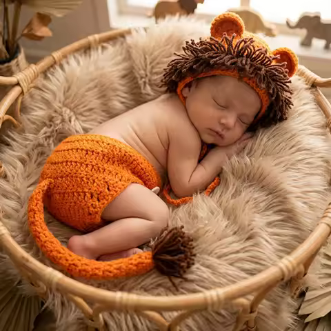 2pcs Baby Crochet Lion Hat Shorts Set Newborn Photography Props Knitted Animal Costume Infant Safari Theme Photo Shoot Outfit