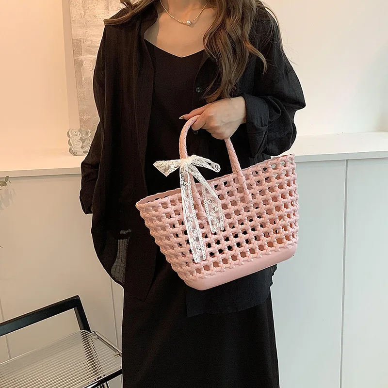 Women\'s PVC Candy Color Woven Handbag Causal Tote Bags Fashion Large Capacity Vegetable Basket Bag Plastic Hnadle Beach Bag