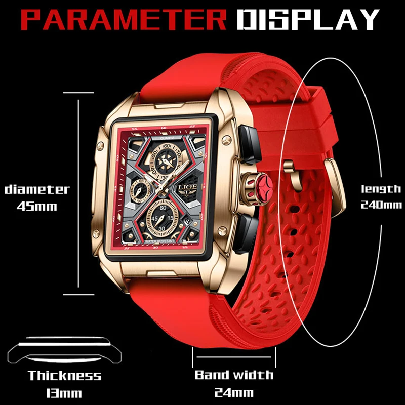 LIGE Top Brand Luxury Man Watches Silicone Strap Square Clock Waterproof Sports Military Watch Men Chronograph Relogio Masculino