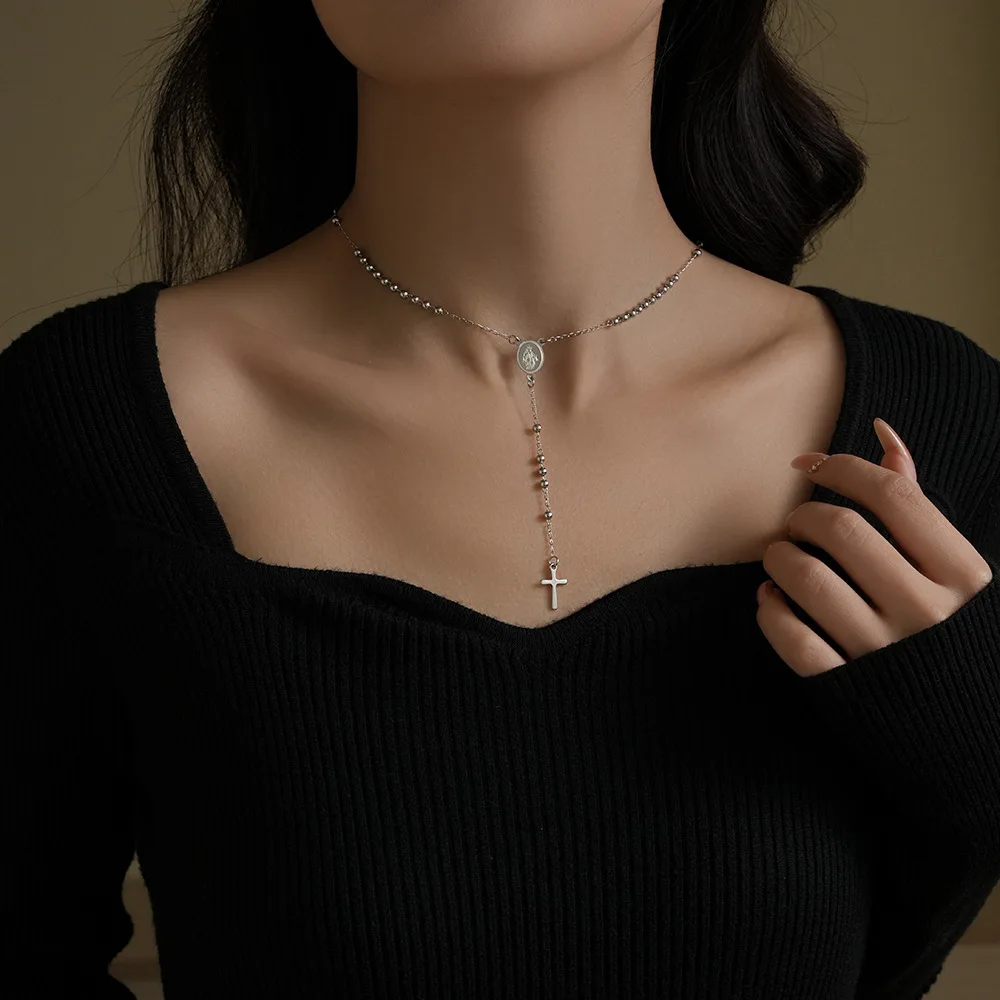 【セール中】ベストセラーの丸型パールネックレスペンダント、チタン鋼製聖母マリアクロス、ステンレス鋼3mm仏教ビーズ、高級スタイル