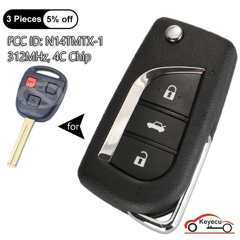 

KEYECU 3 Buttons 312MHz 4C Chip for Lexus RX300 1999 2000 2001 2002 2003 Auto Upgraded Flip Remote Key Fob FCC ID: N14TMTX-1