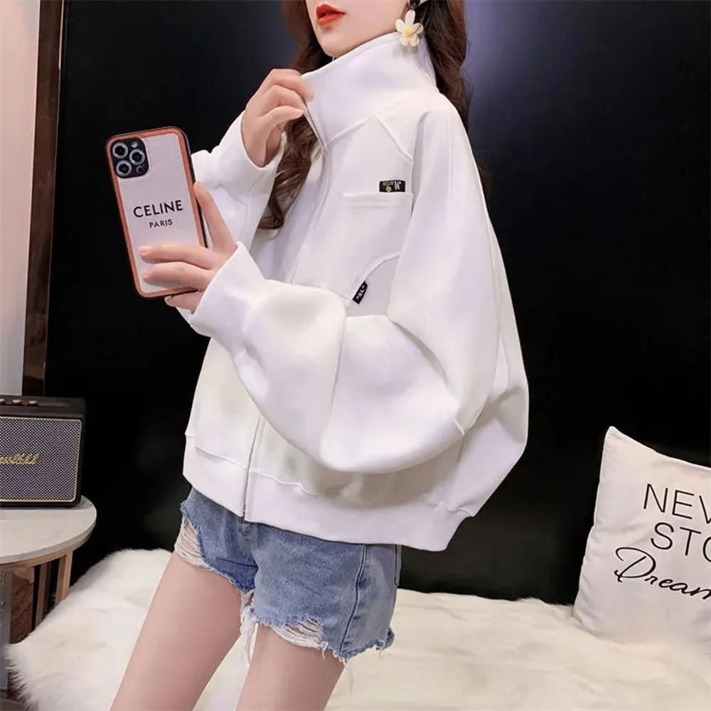 Korean Women Hoodie Coats Short Loose Zipper Sweatshirts Jacket Casual Female Tops Womens Autumn Hollow-out Off Shoulder Hoodeds