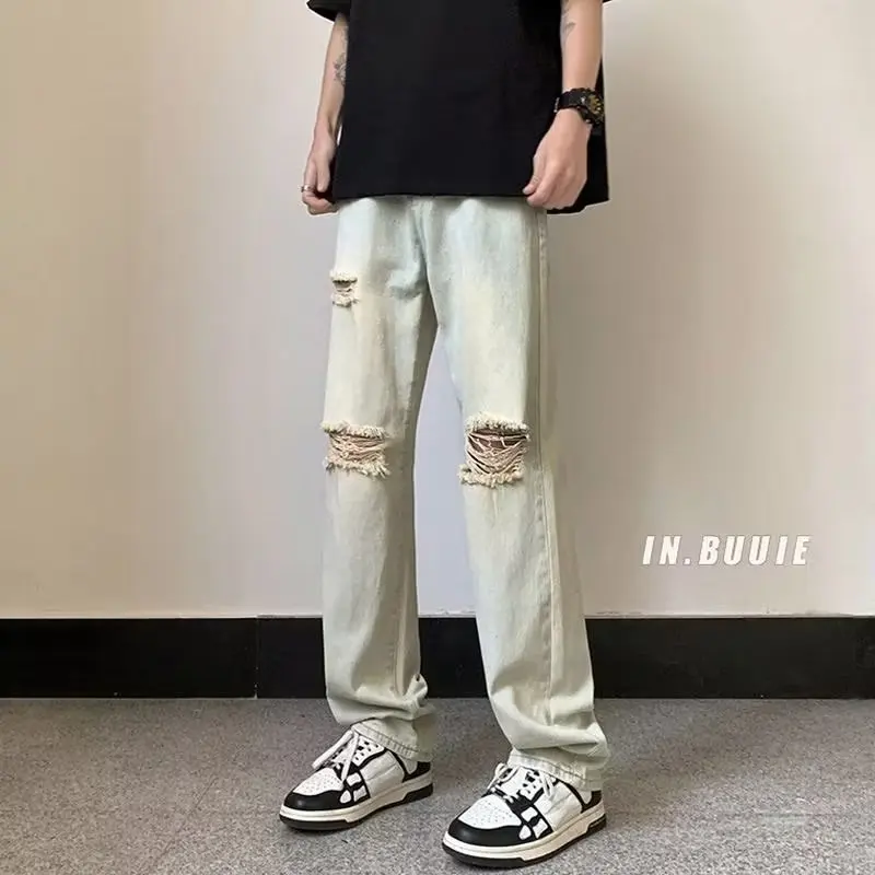 

Men's Distred Denim Jeans High Street Sle Yellow Mud Wide Leg Pants Straight Tube Casual Summer Jeans American Sle