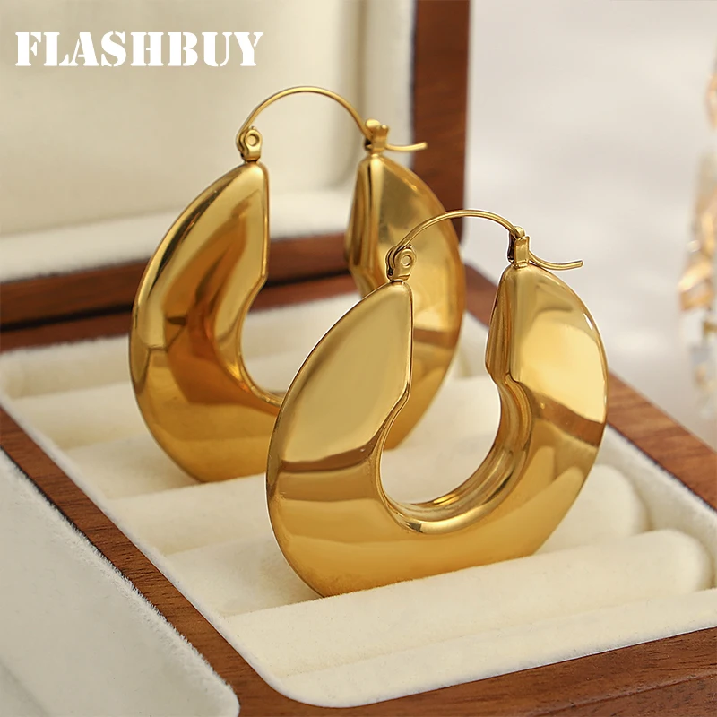 Flashbuy Stainless Steel Geometric Hoop Earrings Jewelry for Women Trendy Metal Texture U-shaped Earrings Golden Accessories