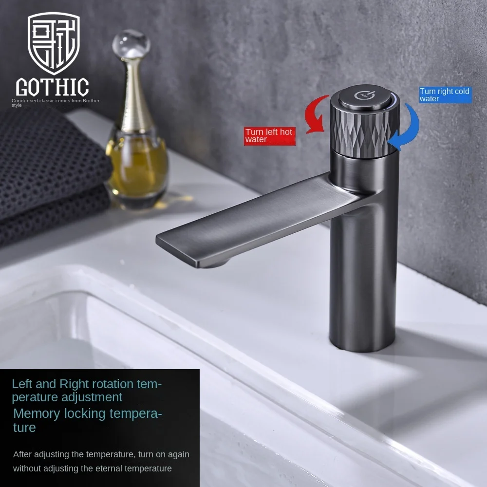 Gothic Intelligent Key Memory Washbasin Faucet Gun Gray Copper Bathroom Single Hole Hot and Cold Water Basin Sink Tap Black