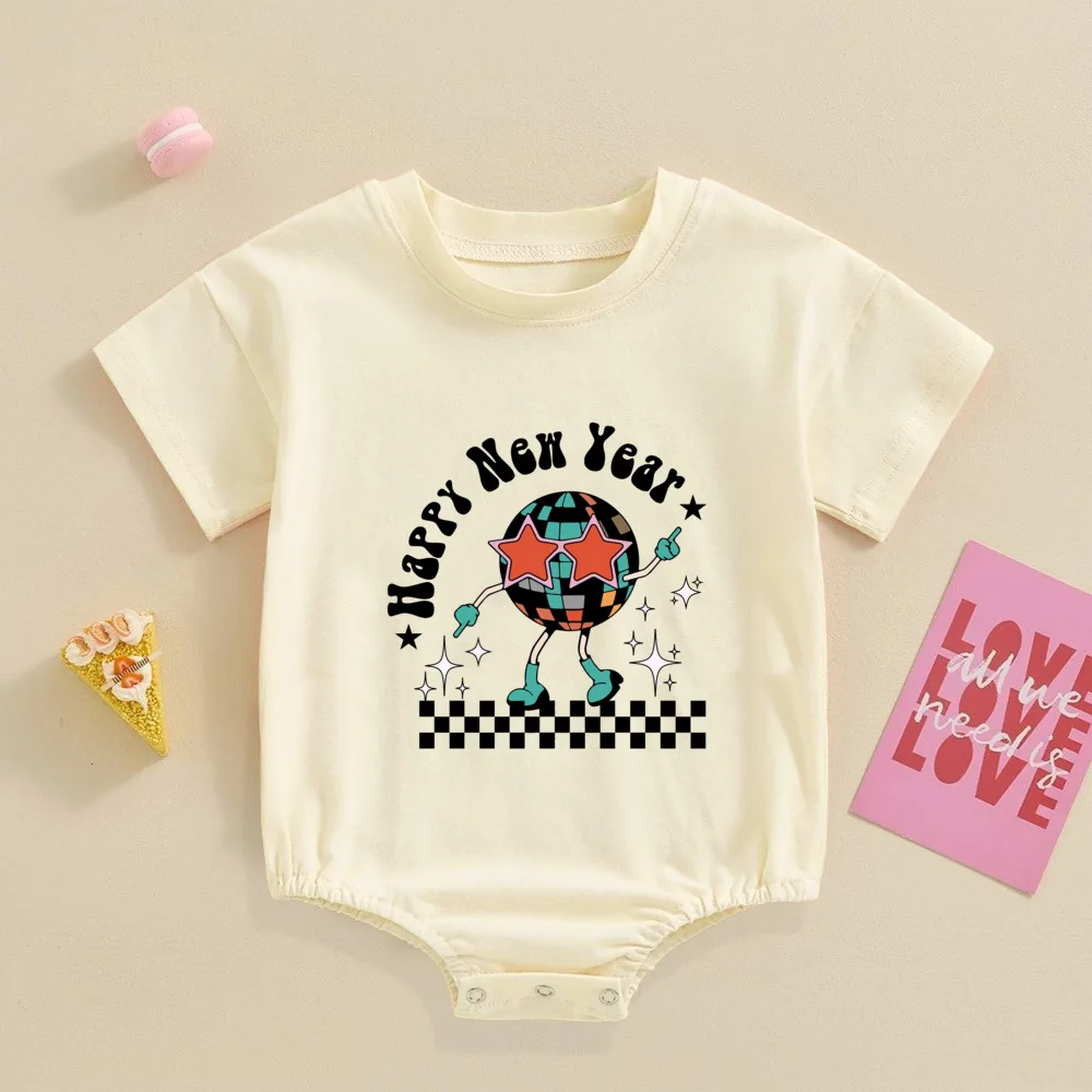 Hello 2025 Happy New Year Printed Baby Bubble Romper Newborn Bodysuit Infant Large Baptism Outfit Toddler New Year Party Clothes