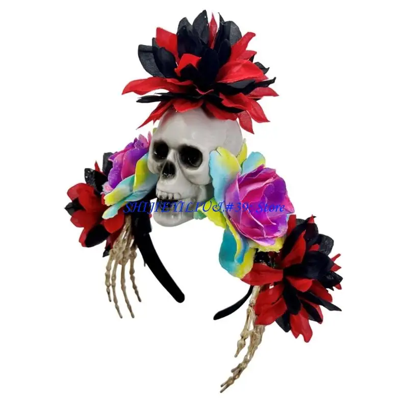 E21F Halloween Skull Hairband With Skeleton Hand and Simulation Flower For Cosplay