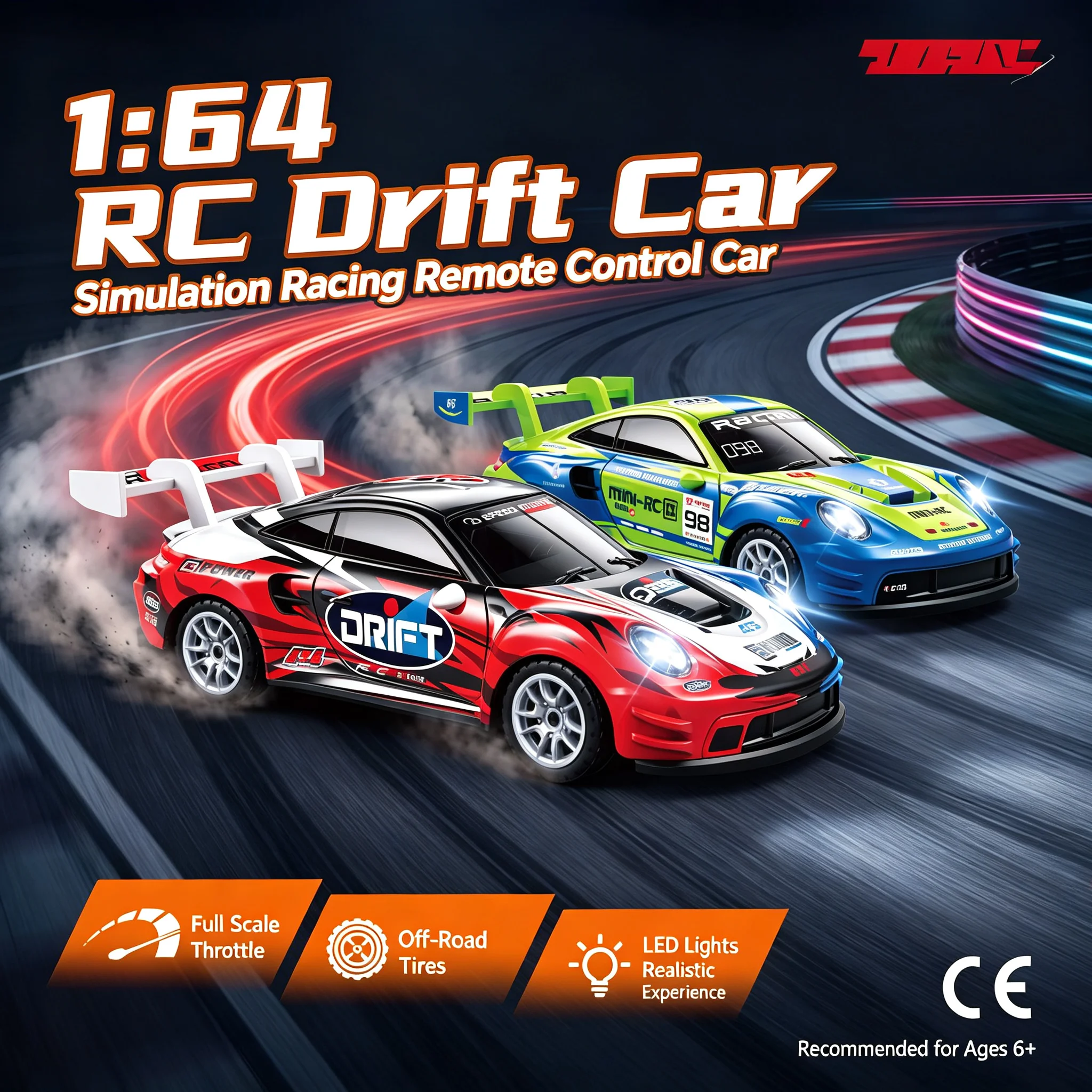 Generic 1:64 Scale High Speed Rc Drift Car Remote Control Racing Vehicle Simulation Electric Hobby Toy For Adults Led Lights Car