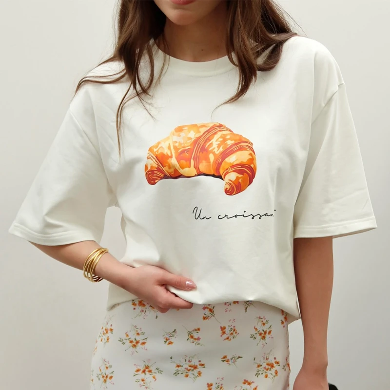 

2025 Summer New Cotton Design Hornbag Printed Loose Short sleeved T-shirt for Women