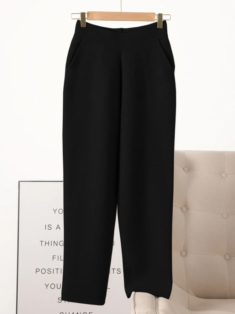 Autumn Winter Women's Pencil Pants 100% Merino Wool Pants Knit Wide Leg Basic Thick Warm Cashmere Trousers Elastic Casual Pants