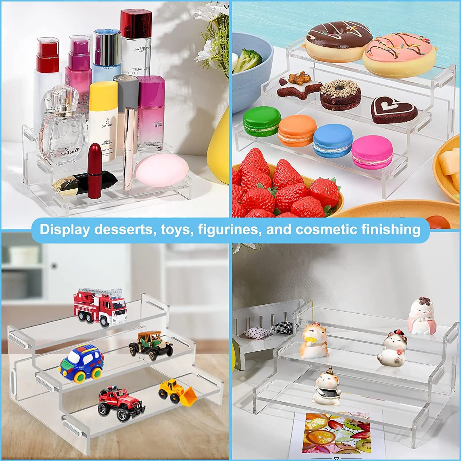 

3 Tiers Acrylic Display Dessert Stand for Funko Figures Cosmetics Cupcake Holder Perfume Doll Show Riser Storage Rack Shelf