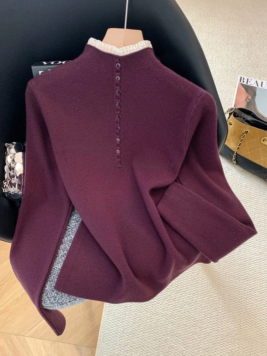 

Вязаный базовый женский осенне-зимний топ с высоким воротником, облегающий, для ношения под одеждой, во французском стиле, свободного кроя, длинный рукав...