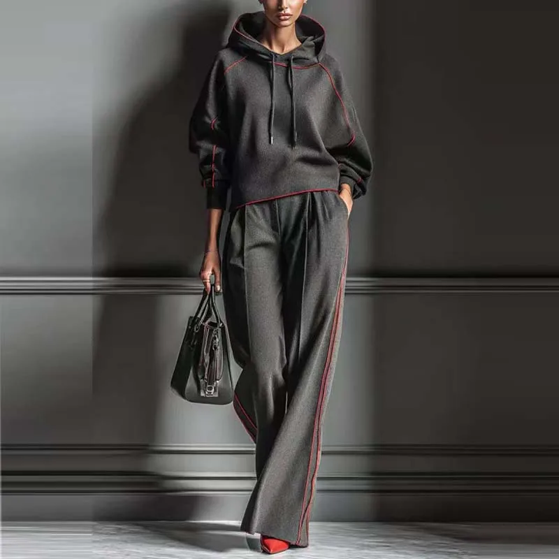 

Women's Contrast Stitching Hooded Sweatshirt Wide Leg Pants Sports suit Vintage striped hoodie casual 2pcs Outfit New 2026