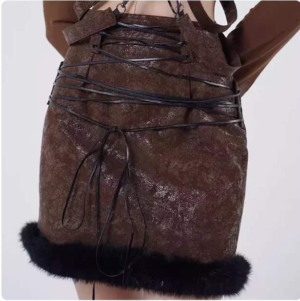 Herfst Winter Nieuwe Mode Lace-up Sexy Veelzijdige Straat Leren Rok Persoonlijkheid Meisje Hoge Taille A-lijn Effen Kleur Punk Rokken