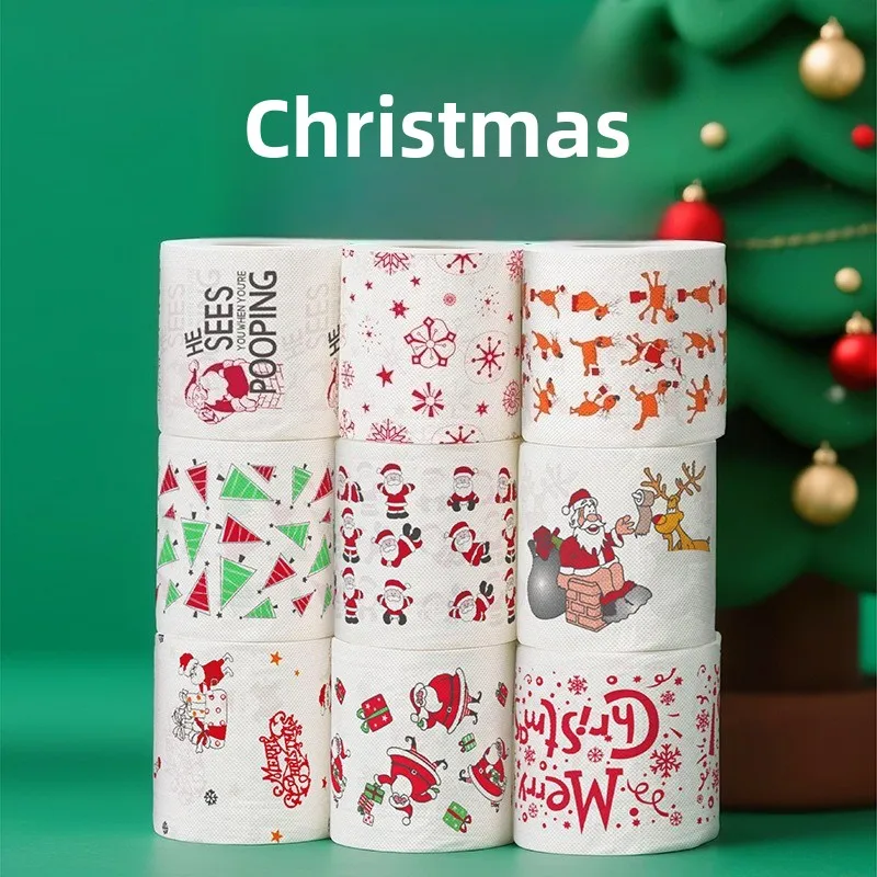 Weihnachts-Cartoon-Toilettenpapier – Toilettenpapier mit Schneemann- und Weihnachtsbaummustern, geeignet für Heim- und Partydekorationen.