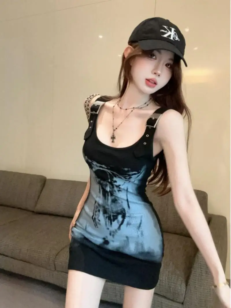 

2024 Summer Retro Hottie Tie-dye Metal Buckle Tight Hip-hugging Suspender Women's Dress Short Skirt