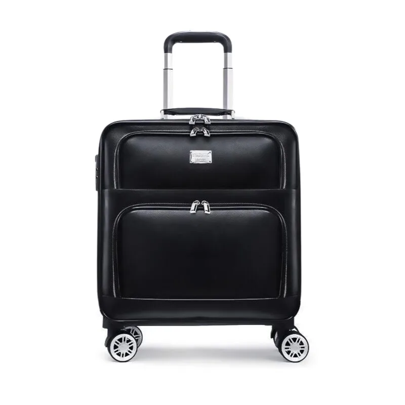 Luxury 16/18/20/24 Inch Black Genuine Leather Carry On Luggage - Airline Approved Elegant Travel Suitcase