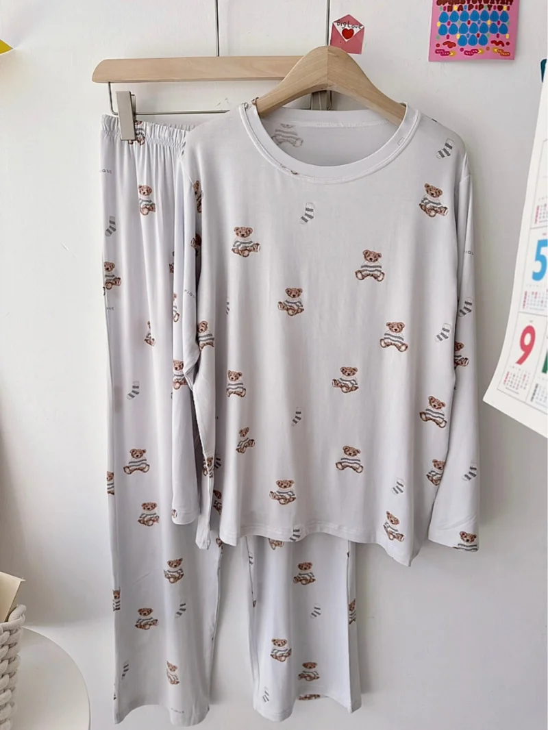 Summer New Japanese Cute Cartoon Printed Pajama Sets O-neck Long Sleeve Trousers Homewear Suit Loose Casual Outdoor Sleepwear