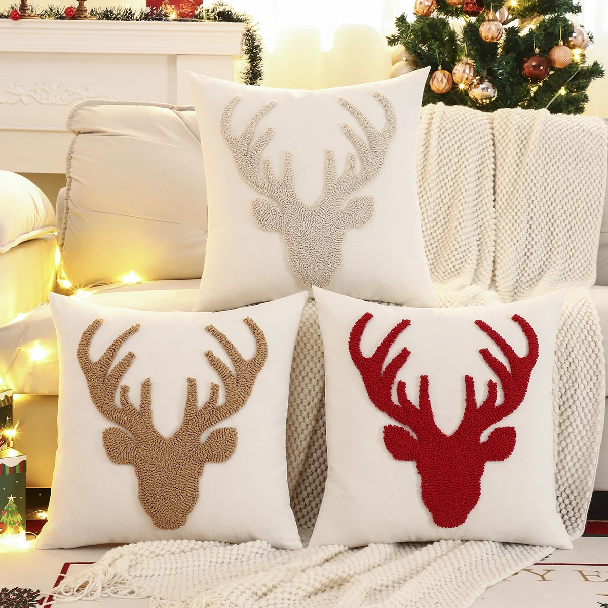 1 PC Christmas Decoration Throw Pillow Cover Embroidery Canvas Tufted Christmas Deer