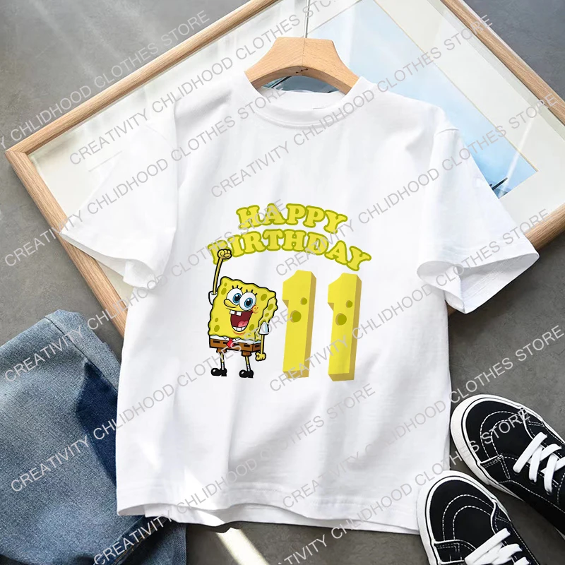 Sponge-Bob Children T-Shirt Number 1-12 Cartoons Block Kid Tee Shirts Anime Kawaii Tops Casual Clothes Boy Girl Short Sleeve