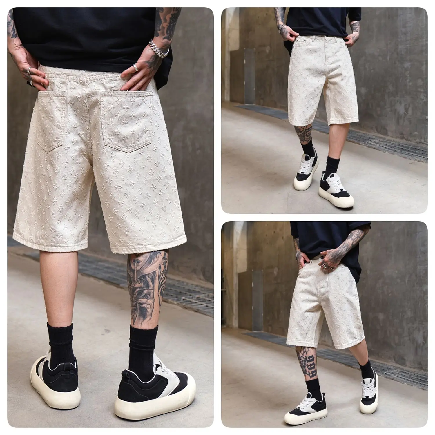 Celana Pendek Jeans Beige Kasual Pria Model Wide Leg dengan Sobekan Celana Santai Pria Model Baggy Fit Denim