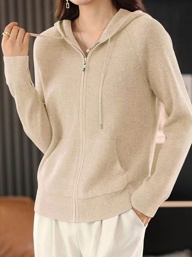 Womens Loose Knitted Long sleeve Wool Sweater Spring Cardigan Jacket Korean Tops Female Leisure Zipper Hooded Cashmere Sweater