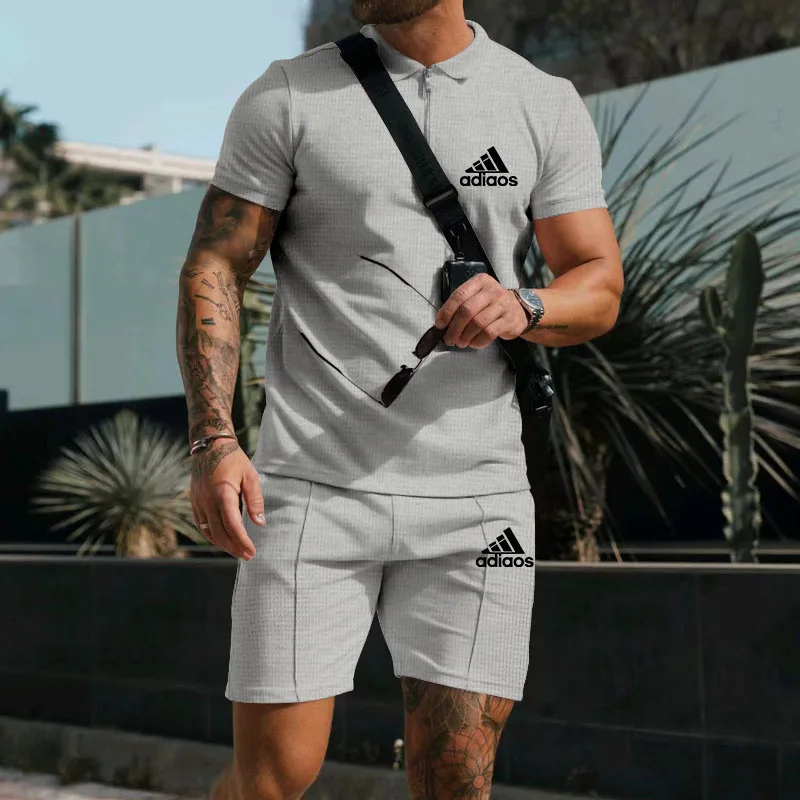 Summer Waffle Short-sleeved Zip-up POLO shirt+shorts Fashion Lapel Shirt Men\'s Casual T-shirt Shorts Trend Solid color tracksuit