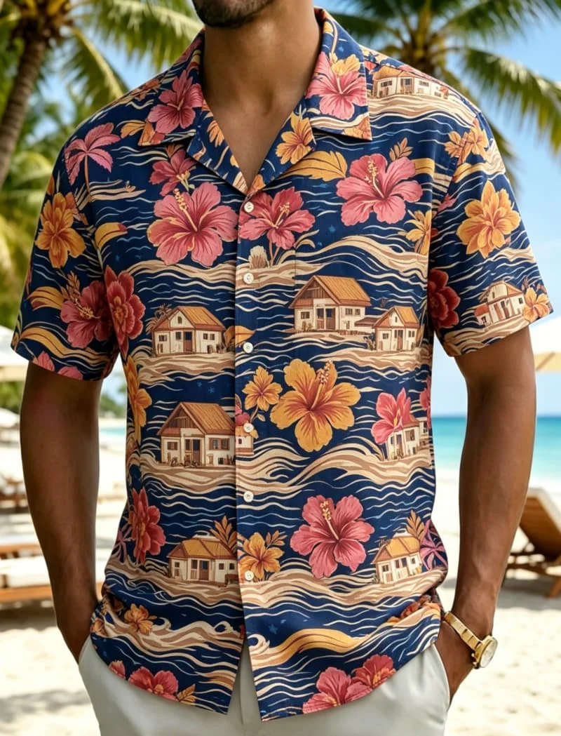 Men's exotic animal and plant printed Hawaiian shirt, for party events, nightclub celebrations, street wear, and weekend travel
